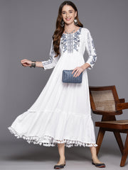 Indo Era White Embroidered A-Line Smart Casual Dress