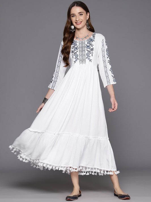 Indo Era White Embroidered A-Line Smart Casual Dress