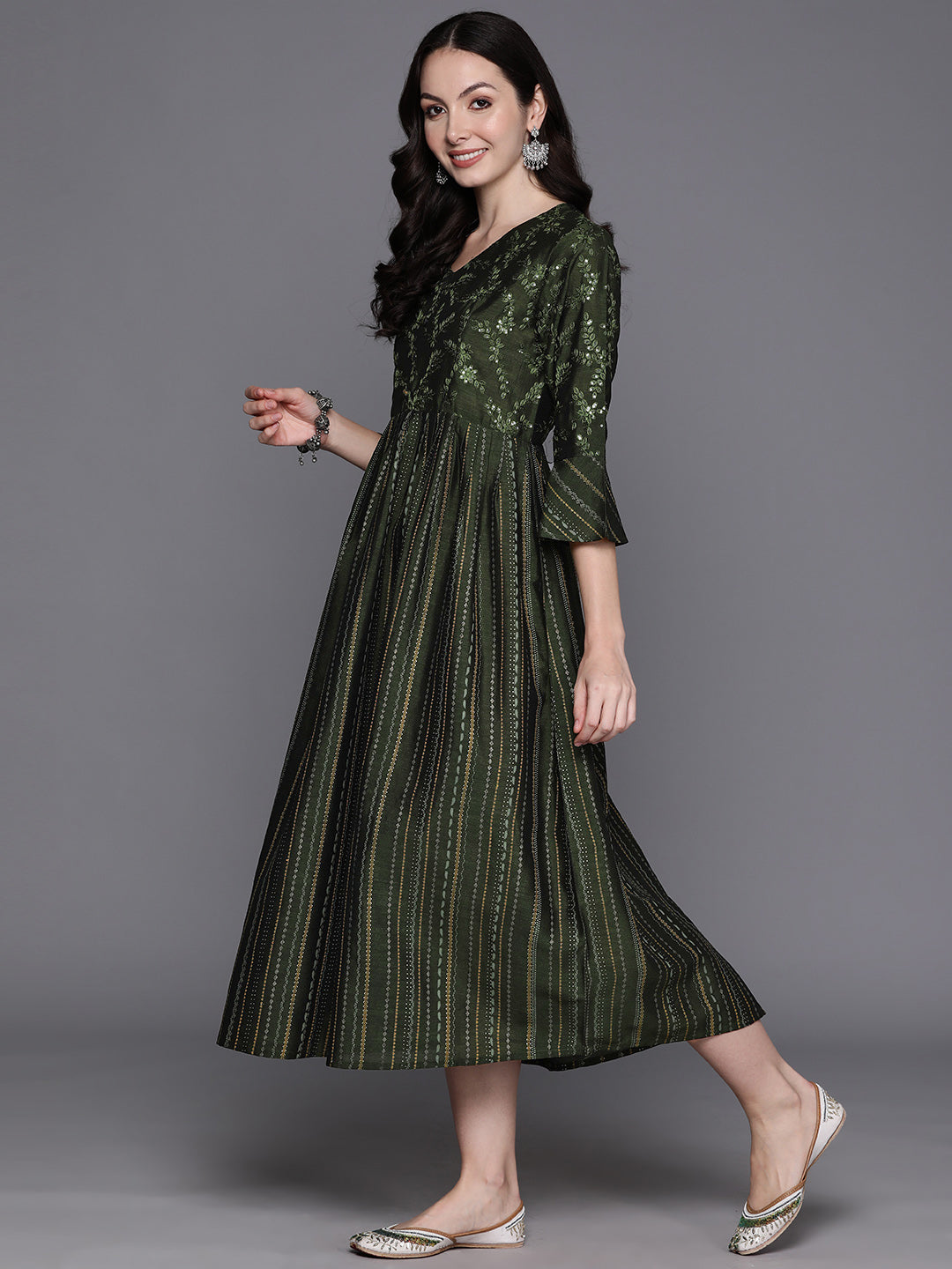 Indo Era Green Embroidered A-Line Ethnic Dress