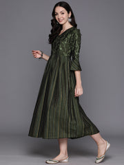 Indo Era Green Embroidered A-Line Ethnic Dress