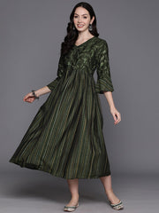 Indo Era Green Embroidered A-Line Ethnic Dress