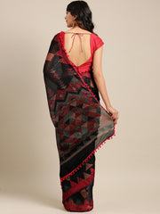 Black & Red Polycotton Printed Saree