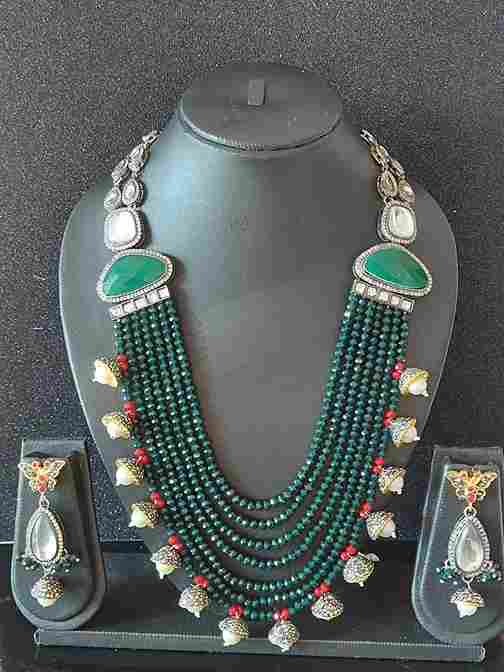 Green Beaded Long Rukmani Stone-Studded Necklace Set