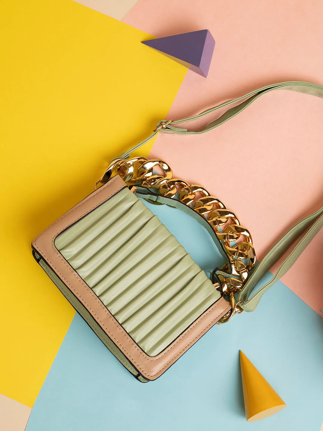 Striped Magnet Lock Hand Bag with Chain Strap