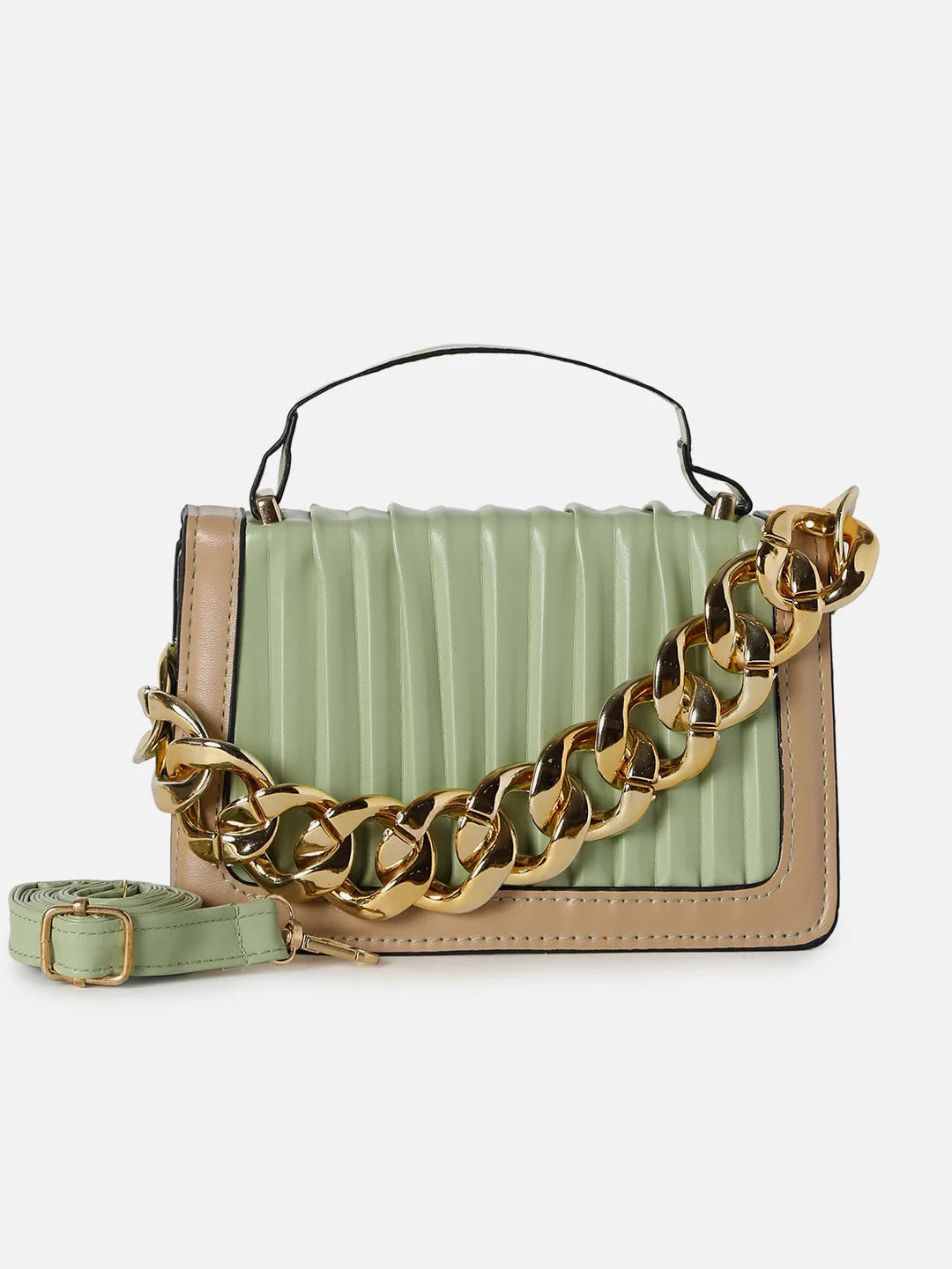 Striped Magnet Lock Hand Bag with Chain Strap