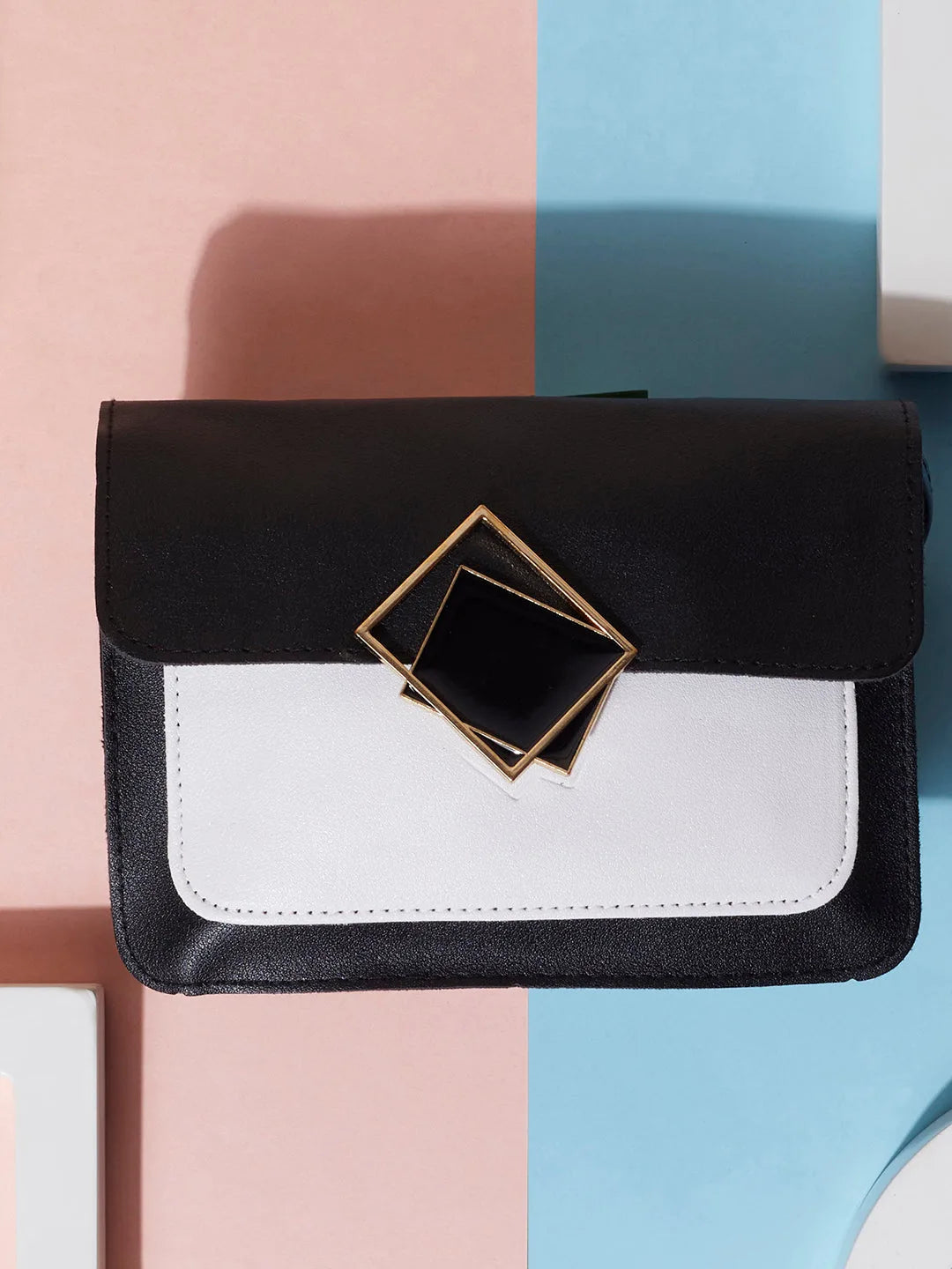 Colour Block Magnet Lock Clutch Bag with Buckle detail