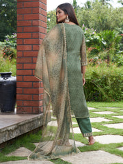 Indo Era Green Embroidered Straight Kurta Trousers With Dupatta Set