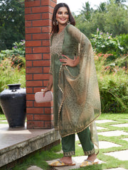 Indo Era Green Embroidered Straight Kurta Trousers With Dupatta Set