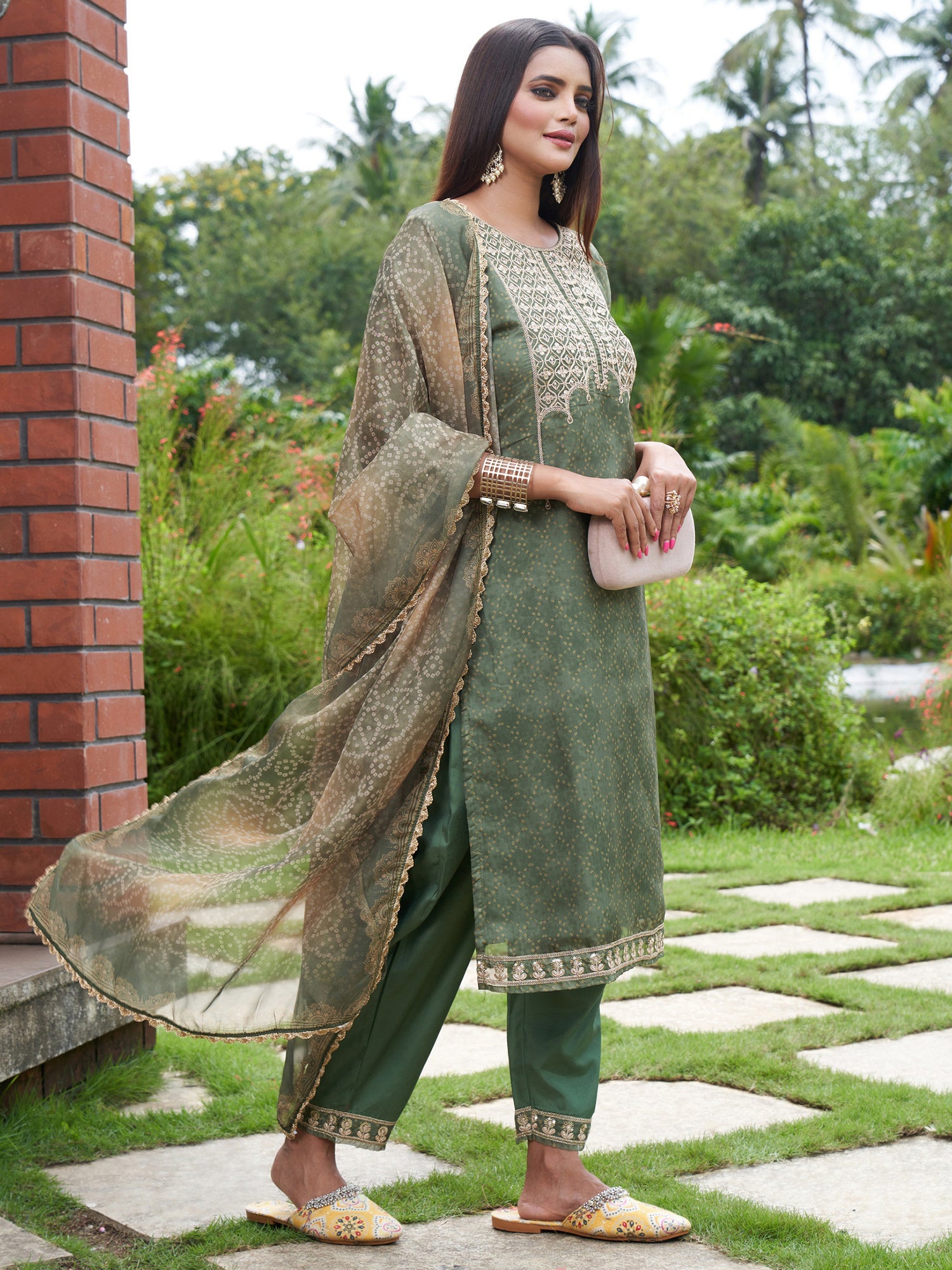 Indo Era Green Embroidered Straight Kurta Trousers With Dupatta Set