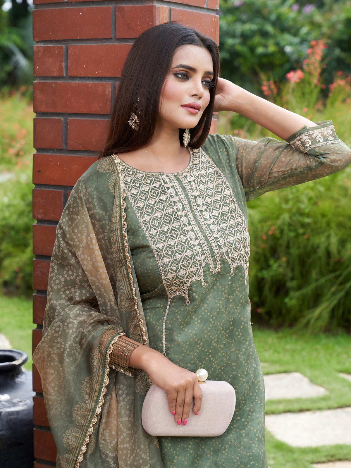 Indo Era Green Embroidered Straight Kurta Trousers With Dupatta Set