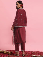 Indo Era Red Embroidered Straight Kurta Trousers With Dupatta Set