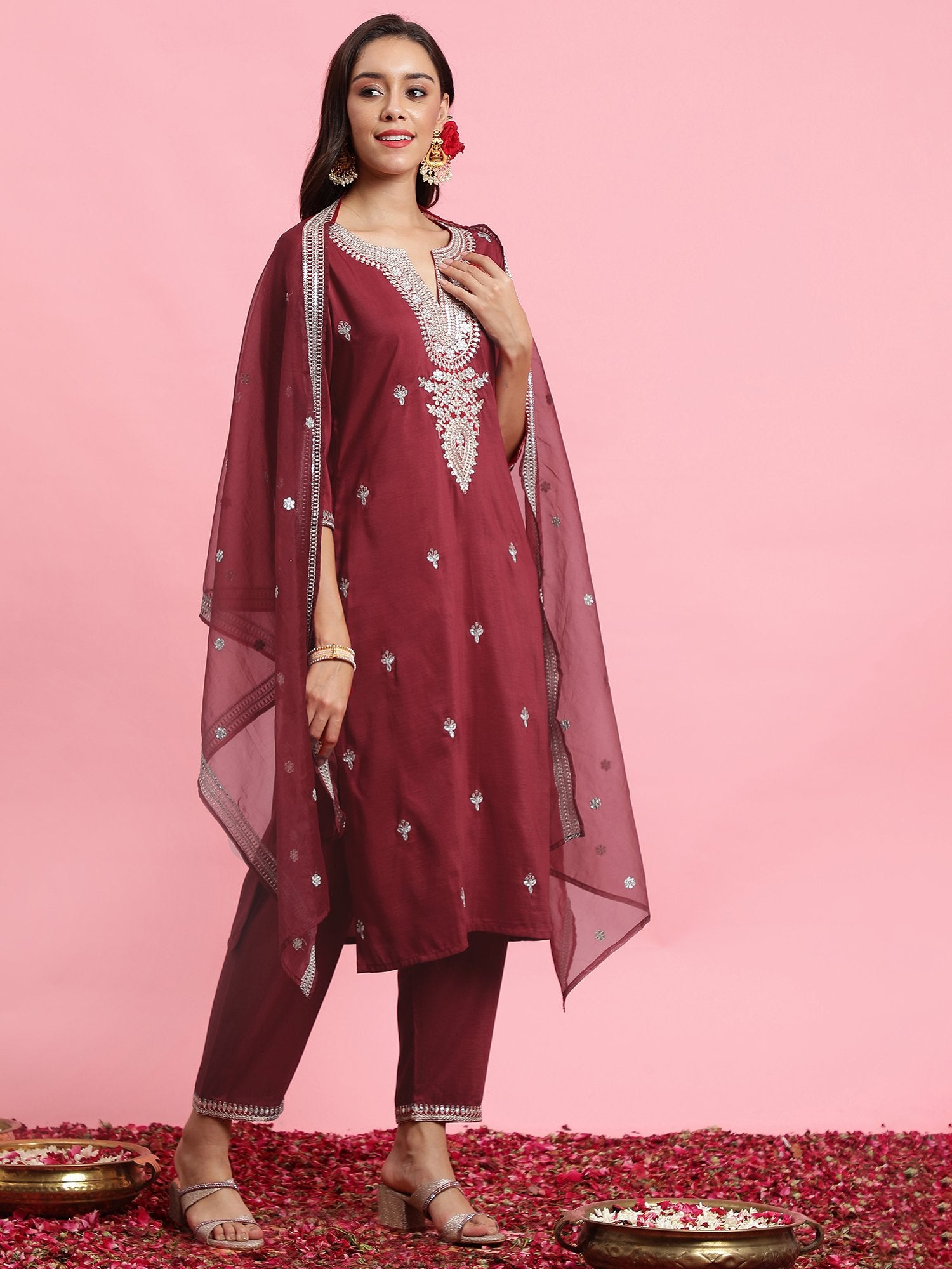 Indo Era Red Embroidered Straight Kurta Trousers With Dupatta Set