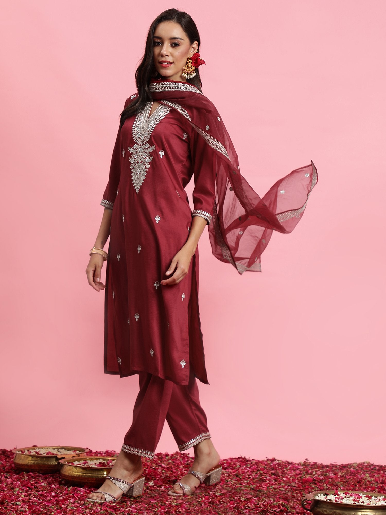 Indo Era Red Embroidered Straight Kurta Trousers With Dupatta Set