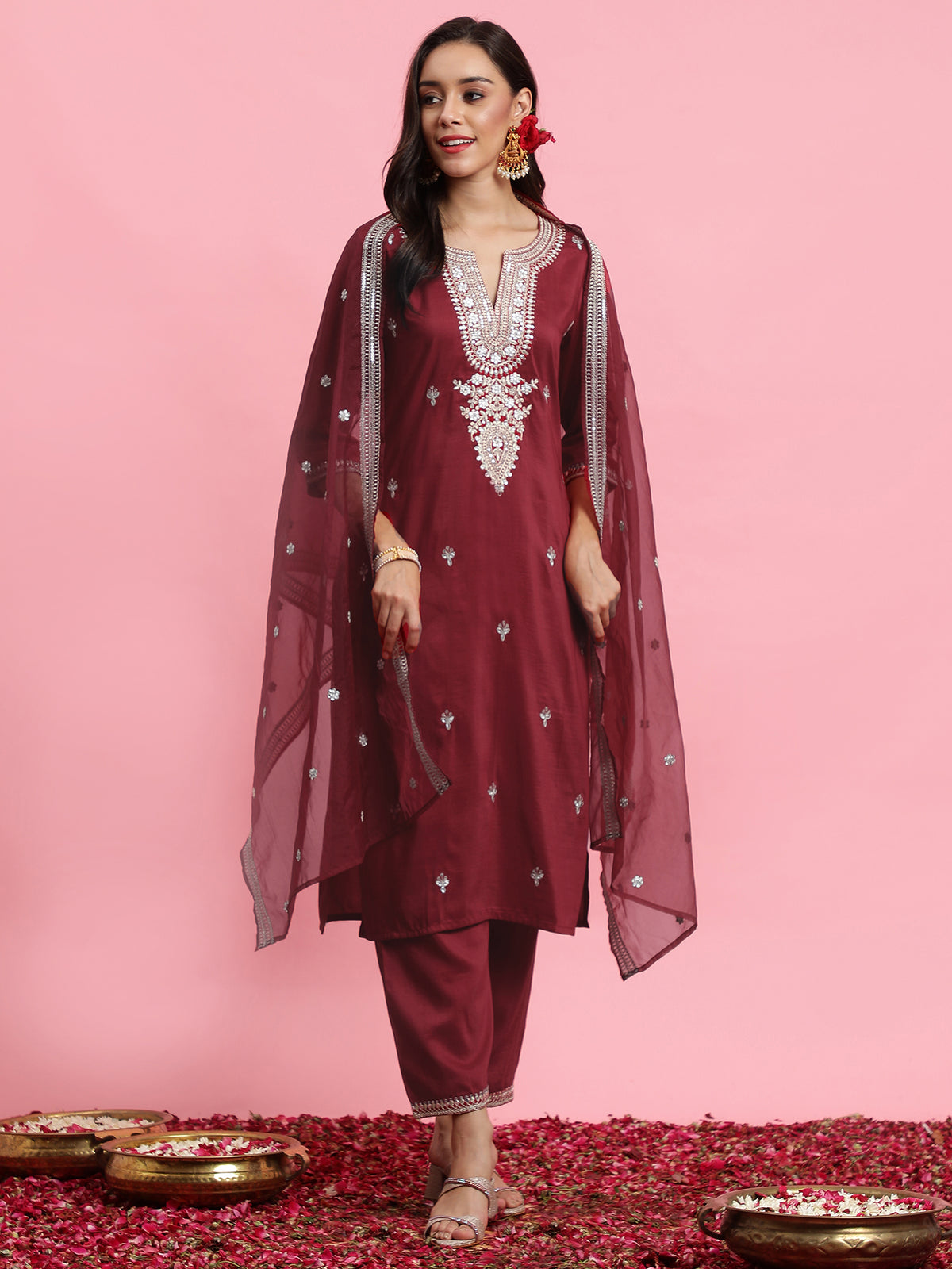 Indo Era Red Embroidered Straight Kurta Trousers With Dupatta Set