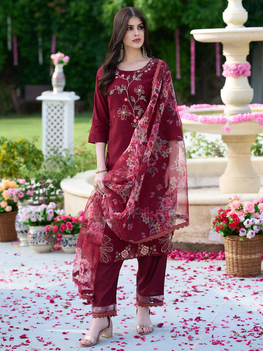 Indo Era Maroon Embroidered Straight Kurta Trousers With Dupatta Set