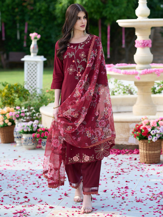 Indo Era Maroon Embroidered Straight Kurta Trousers With Dupatta Set