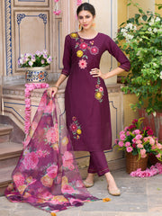 Indo Era Wine Embroidered Straight Kurta Trousers With Dupatta Set