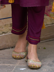 Indo Era Wine Embroidered Straight Kurta Trousers With Dupatta Set