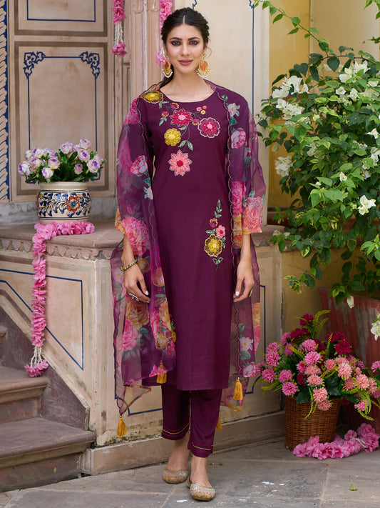 Indo Era Wine Embroidered Straight Kurta Trousers With Dupatta Set