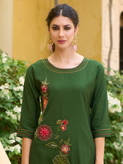 Indo Era Green Embroidered Straight Kurta Trousers With Dupatta Set