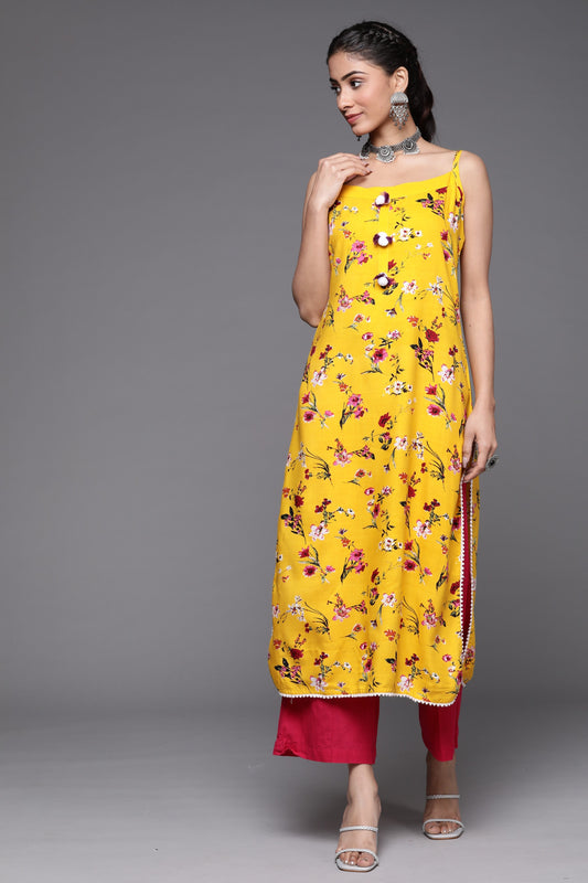 Mustard And Pink Printed Strap Kurta