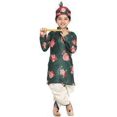 Boys' Multicolor-Base-Green Cotton Blend Kurta and Dhoti Set