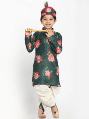 Boys' Multicolor-Base-Green Cotton Blend Kurta and Dhoti Set