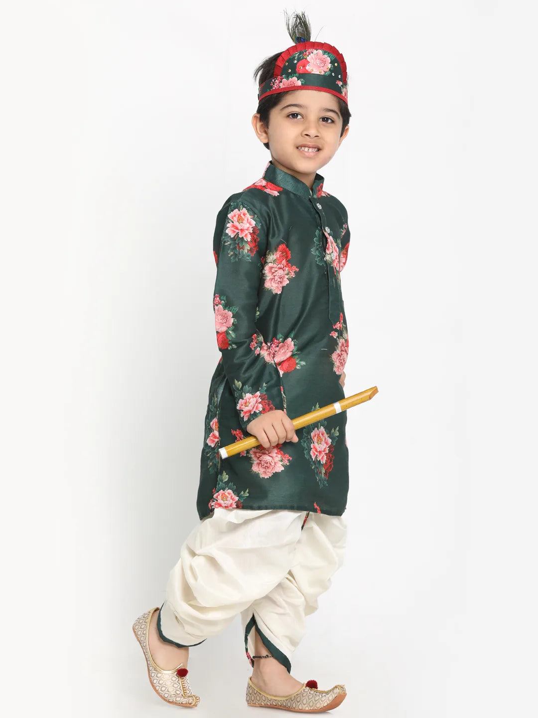 Boys' Multicolor-Base-Green Cotton Blend Kurta and Dhoti Set