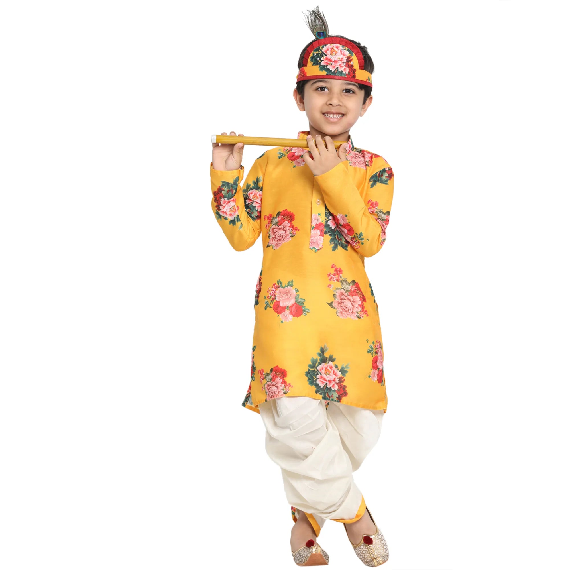 Boys' Multicolor-Base-Yellow Cotton Blend Kurta and Dhoti Set