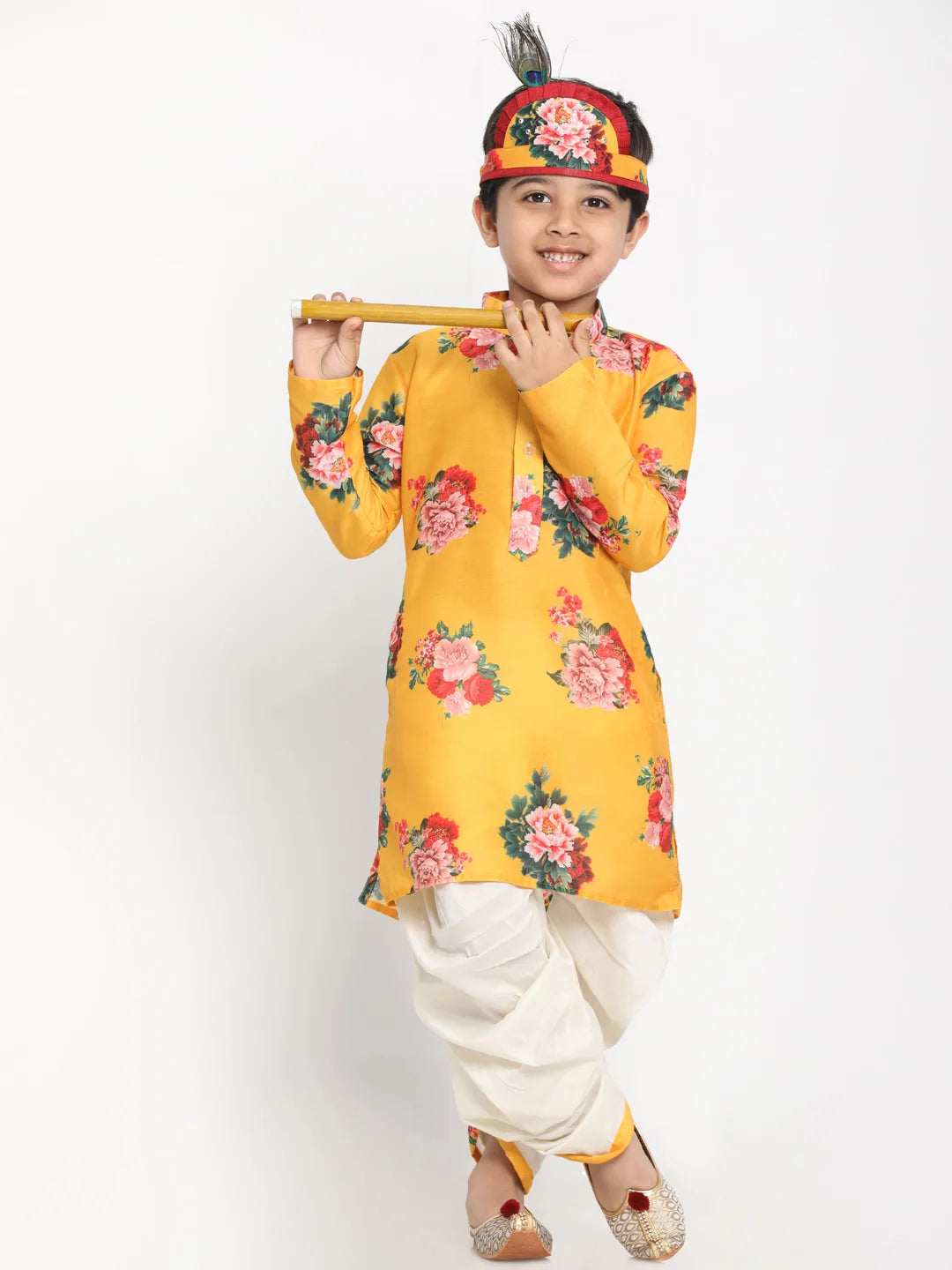 Boys' Multicolor-Base-Yellow Cotton Blend Kurta and Dhoti Set