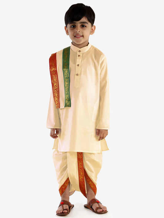 Boys' Cream Cotton Blend Kurta Dhoti And Dupatta