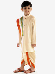 Boys' Cream Cotton Blend Kurta Dhoti And Dupatta