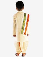 Boys' Cream Cotton Blend Kurta Dhoti And Dupatta