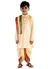 Boys' Cream Cotton Blend Kurta Dhoti And Dupatta