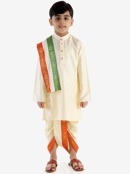 Boys' Gold Cotton Blend Kurta Dhoti And Dupatta