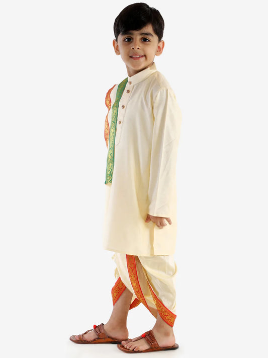 Boys' Gold Cotton Blend Kurta Dhoti And Dupatta