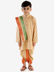 Boys' Rose Gold Cotton Blend Kurta Dhoti And Dupatta