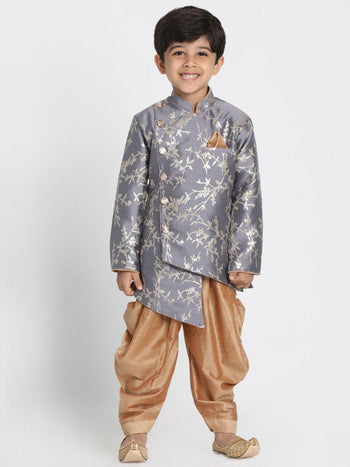 Vastramay - Boys' Grey Cotton Silk Blend Kurta and Dhoti Set