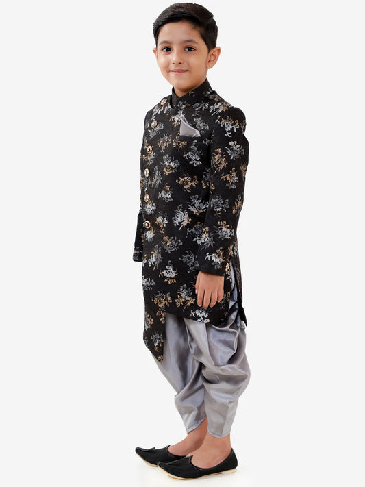 Boys' Black And Grey Silk Blend Indowestern Sherwani And Dhoti Set