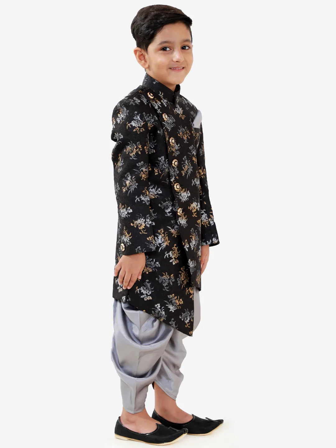 Boys' Black And Grey Silk Blend Indowestern Sherwani And Dhoti Set