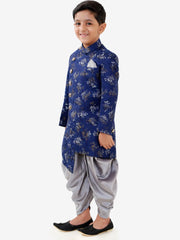 Boys' Blue And Grey Silk Blend Indowestern Sherwani And Dhoti Set