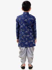 Boys' Blue And Grey Silk Blend Indowestern Sherwani And Dhoti Set