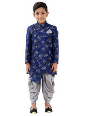 Boys' Blue And Grey Silk Blend Indowestern Sherwani And Dhoti Set