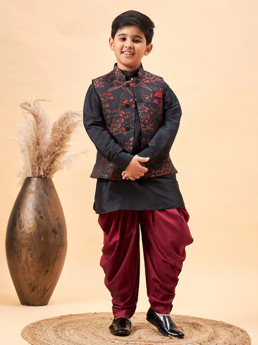 Boys' Black Jacket, Kurta and Dhoti Set