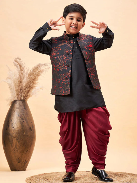 Boys' Black Jacket, Kurta and Dhoti Set