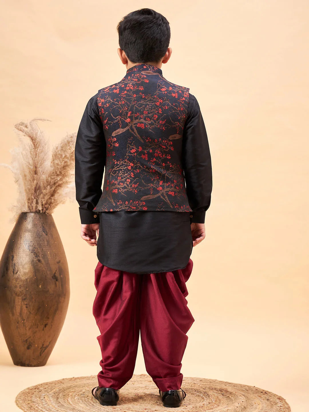 Boys' Black Jacket, Kurta and Dhoti Set