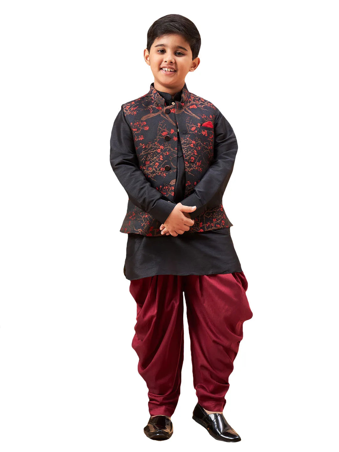 Boys' Black Jacket, Kurta and Dhoti Set