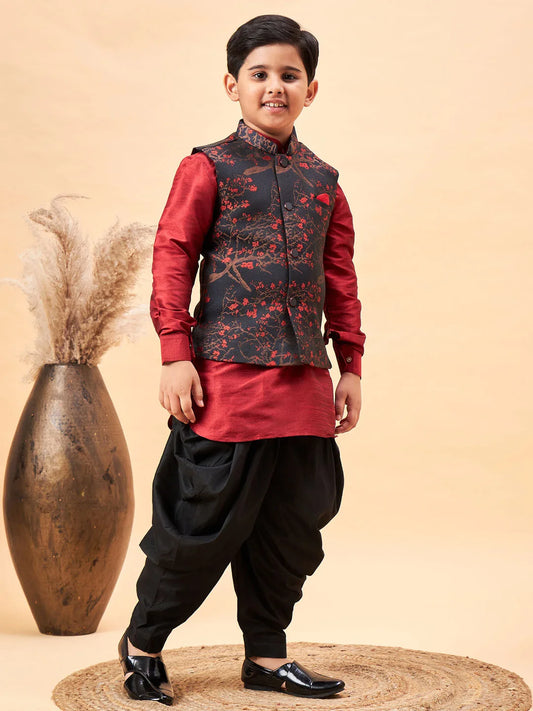 Boys' Maroon Jacket, Kurta and Dhoti Set