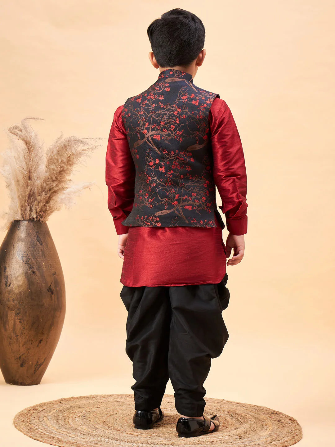 Boys' Maroon Jacket, Kurta and Dhoti Set