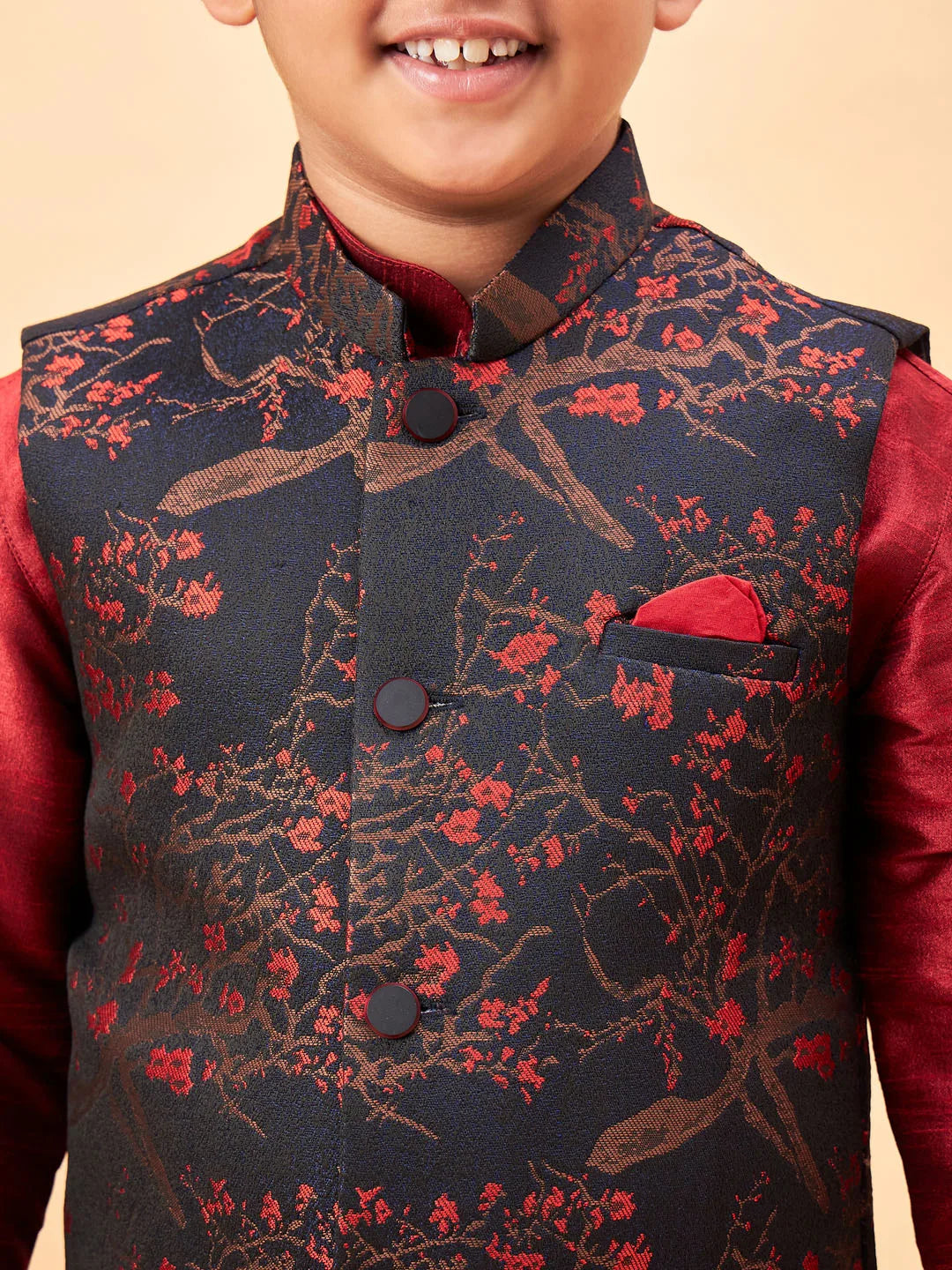 Boys' Maroon Jacket, Kurta and Dhoti Set